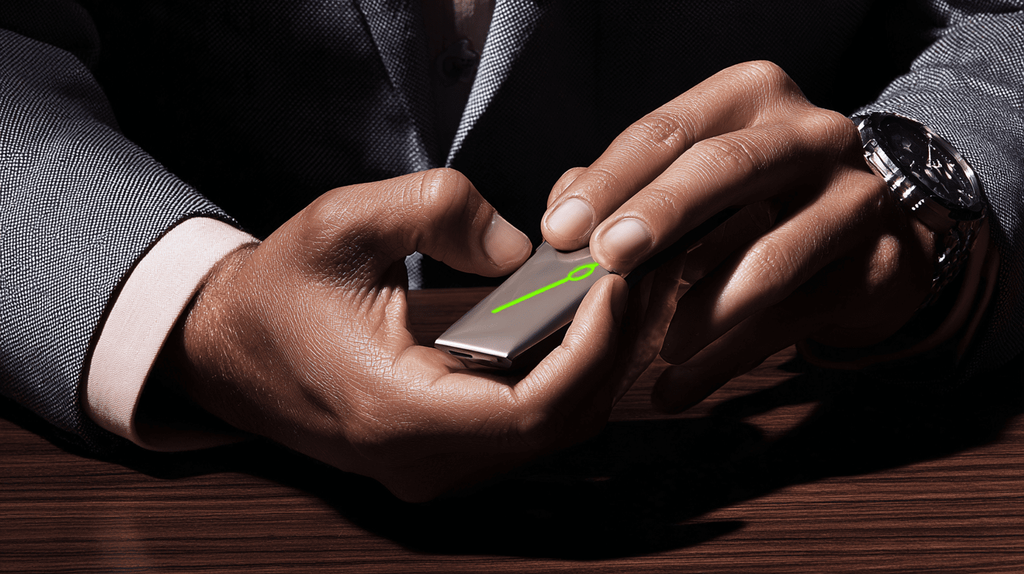 Zbliżenie na dłoń w luksusowym zegarku trzymającą nowoczesny smartfon z minimalistycznym, limonkowym elementem na ekranie, tło to ciemne biuro z czarnego marmuru.