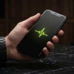 Zbliżenie na dłoń w luksusowym zegarku trzymającą czarny smartfon z minimalistycznym limonkowym okręgiem na ekranie, nad marmurowym biurkiem.