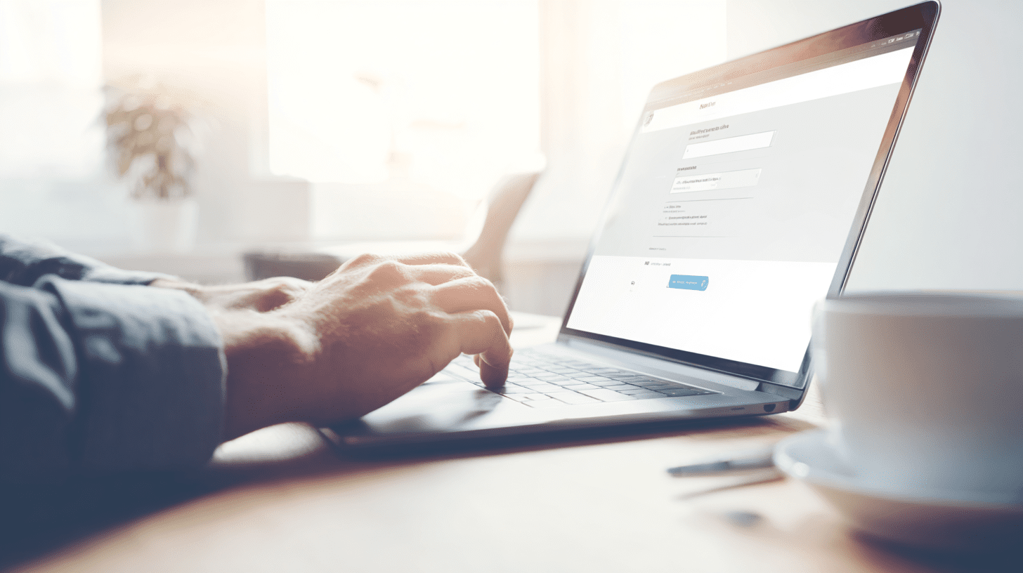 Widok ekranu laptopa z otwartym formularzem kontaktowym WordPress oraz dłonie użytkownika wpisującego wiadomość